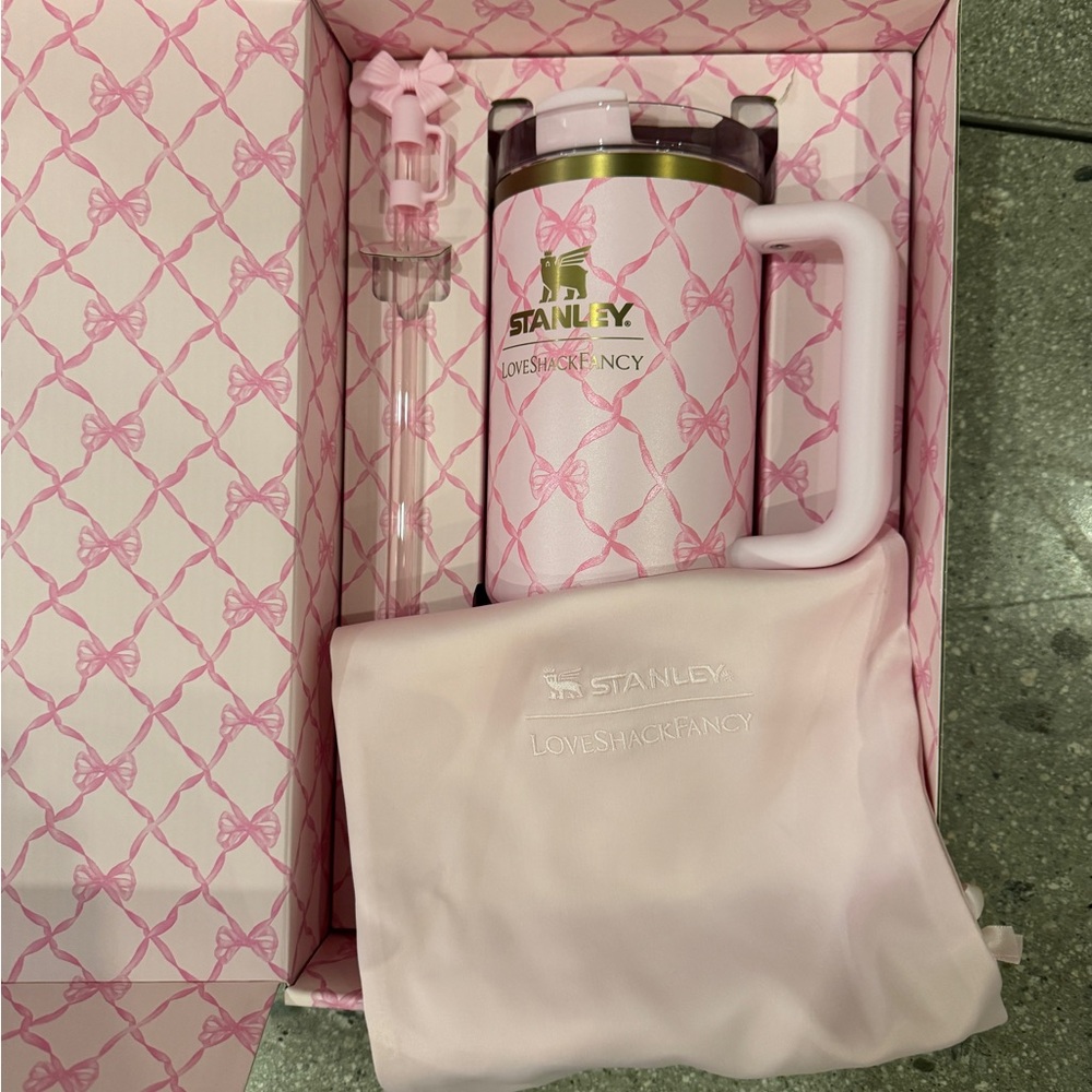 Stanley Love Shack Fancy Pink Insulated Mug with Straw & Pouch Brand New -Rare